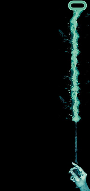 Ethereal Teal Ink Splash Rising from a Handheld Wand Against a Deep Black Void HD phone wallpaper