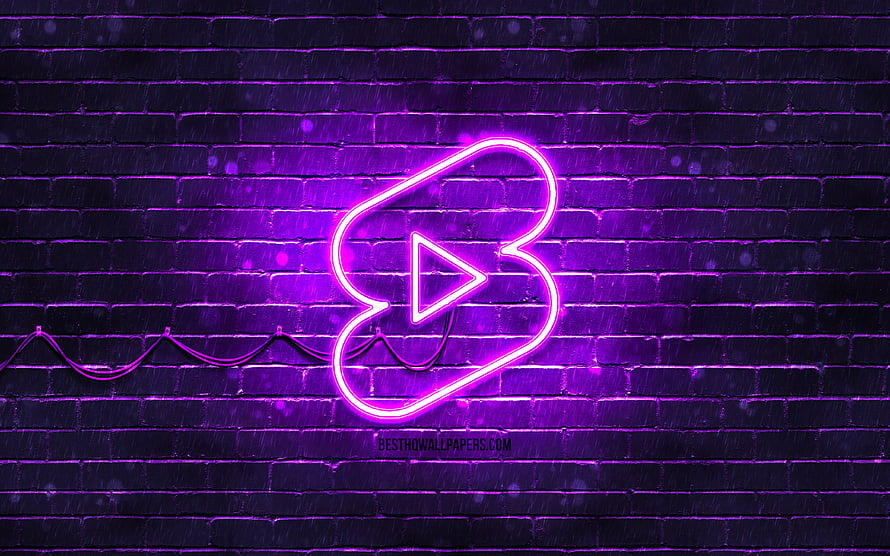 Violet YouTube Shorts Neon Logo on Dark Brick Wall HD wallpaper