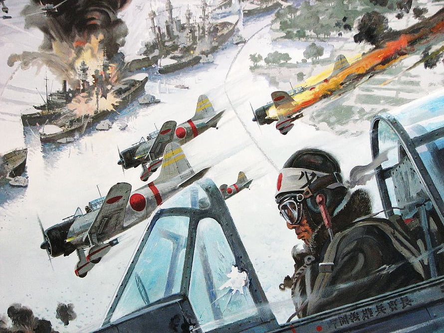 World War II Japanese Zero Fighter Attack on Naval Fleet Painting HD wallpaper