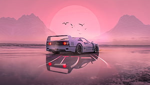 Retro-Futuristic Sports Car on a Reflective Surface at Pink Sunset HD wallpaper