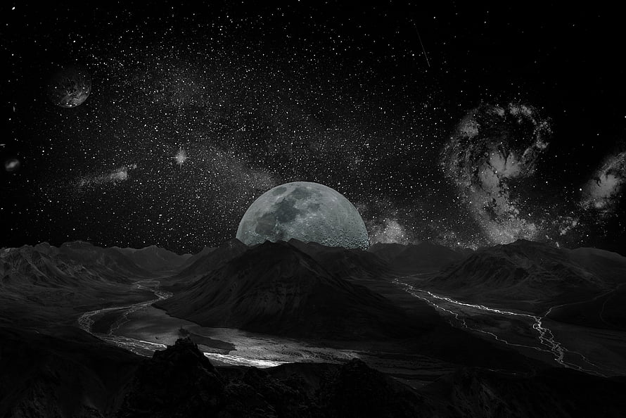 Monochrome Alien Landscape with Giant Moon and Spiral Galaxy Rising Over Dark Mountains HD wallpaper