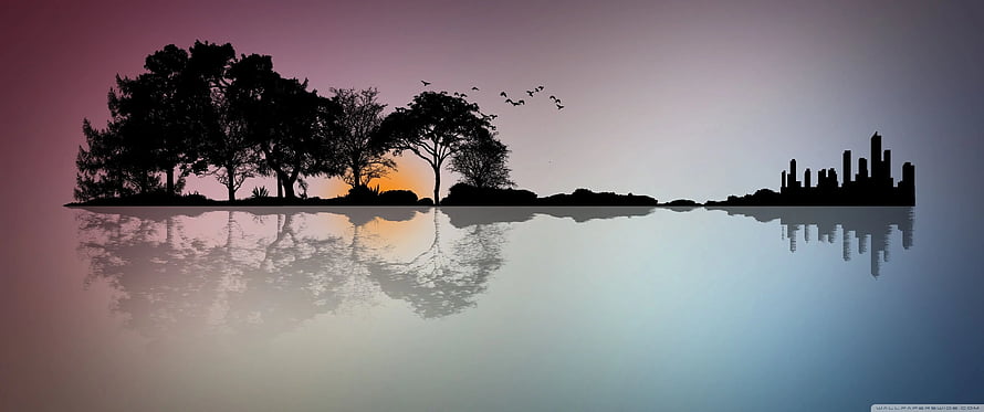 Silhouette of trees and city skyline reflected in calm water at sunset HD wallpaper