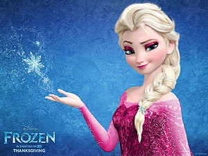 Elsa from Frozen in a Sparkling Pink Dress Creating Snowflakes on a Blue Background HD wallpaper