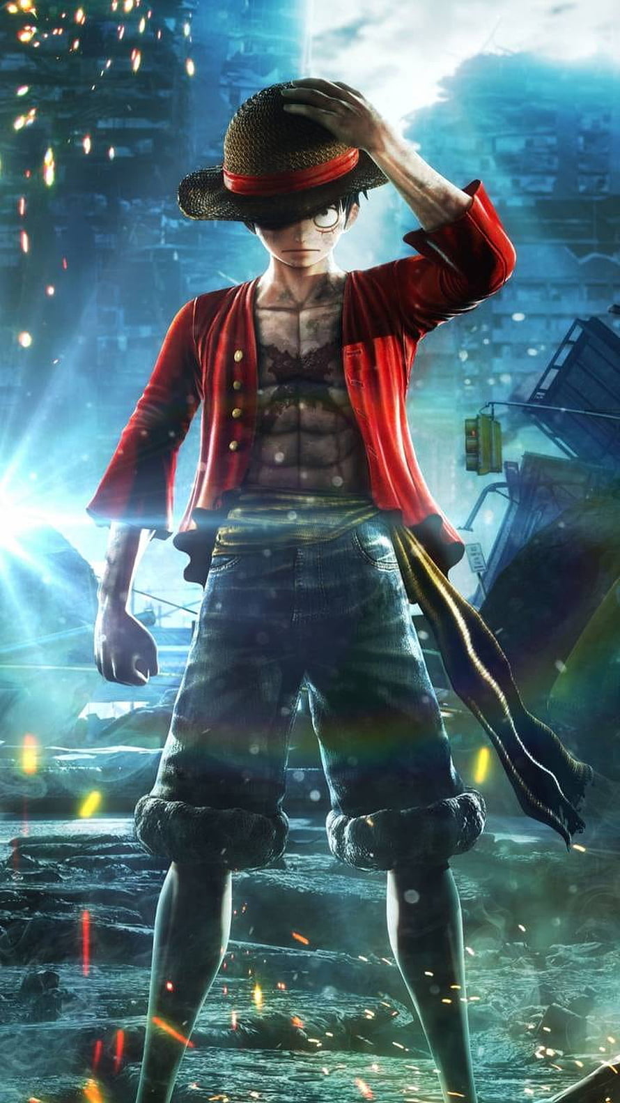 Luffy from One Piece in a cinematic 3D render standing in a ruined city with embers and dramatic lighting HD phone wallpaper
