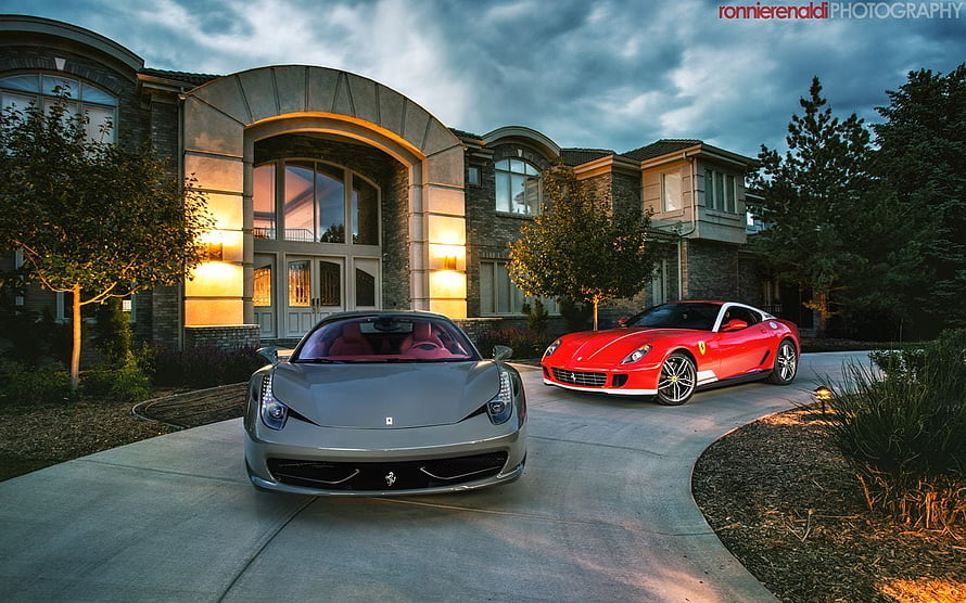 Silver and Red Ferrari 458 Speciale Parked in Front of a Luxury Mansion at Dusk HD wallpaper