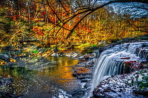 Autumn Forest Waterfall with Vibrant Foliage and Rocky Stream HD wallpaper