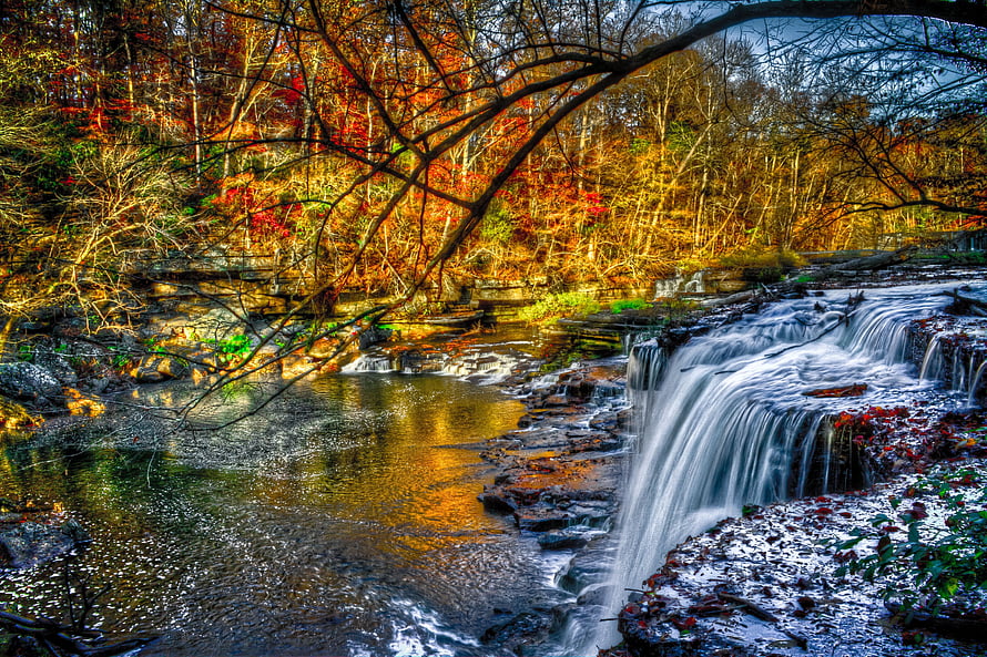Autumn Forest Waterfall with Vibrant Foliage and Rocky Stream HD wallpaper