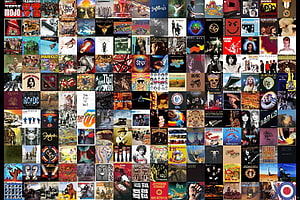 Retro Rock Album Cover Grid Featuring Classic Vinyl Artwork and Band Logos HD wallpaper