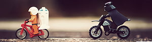 Lego Star Wars Minifigures on Bikes and Motorcycle with R2-D2 and Darth Vader HD wallpaper