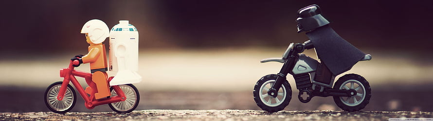 Lego Star Wars Minifigures on Bikes and Motorcycle with R2-D2 and Darth Vader HD wallpaper
