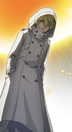Gremmy Thoumeaux from Bleach in a white hooded trench coat against a warm sunset HD phone wallpaper