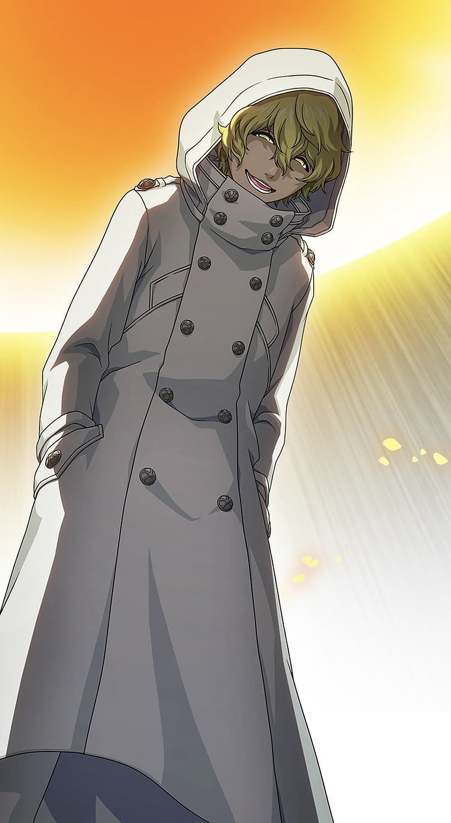 Gremmy Thoumeaux from Bleach in a white hooded trench coat against a warm sunset HD phone wallpaper