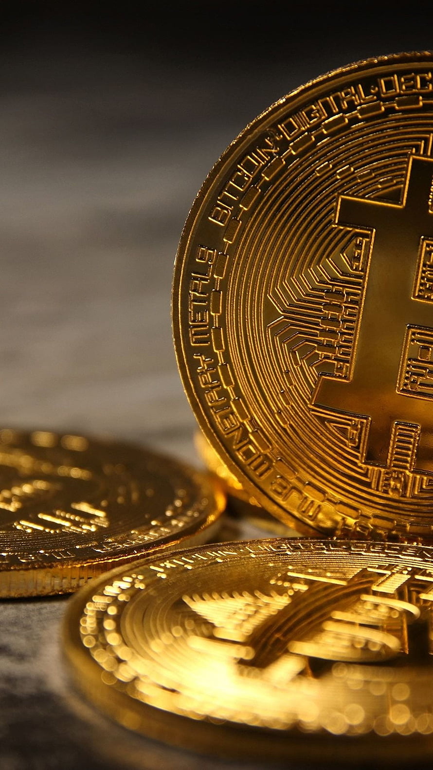 Physical Gold Bitcoin Coins with Circuit Board Design and Engraved Details HD phone wallpaper