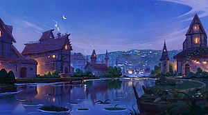Enchanted Medieval Village at Night with River and Moonlit Sky HD wallpaper