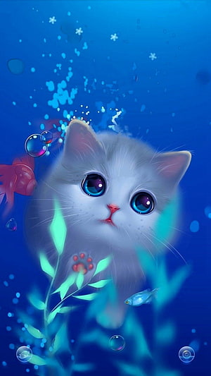 Cute White Kitten Swimming in a Blue Ocean with Glowing Seaweed and Bubbles HD phone wallpaper