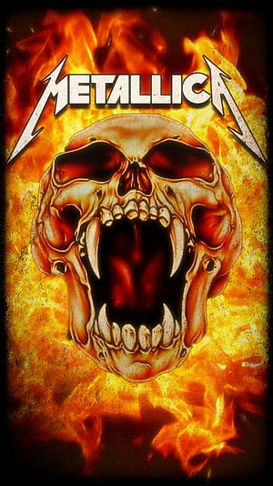 Metallica Band Logo with Screaming Skull and Fiery Flames Background HD phone wallpaper
