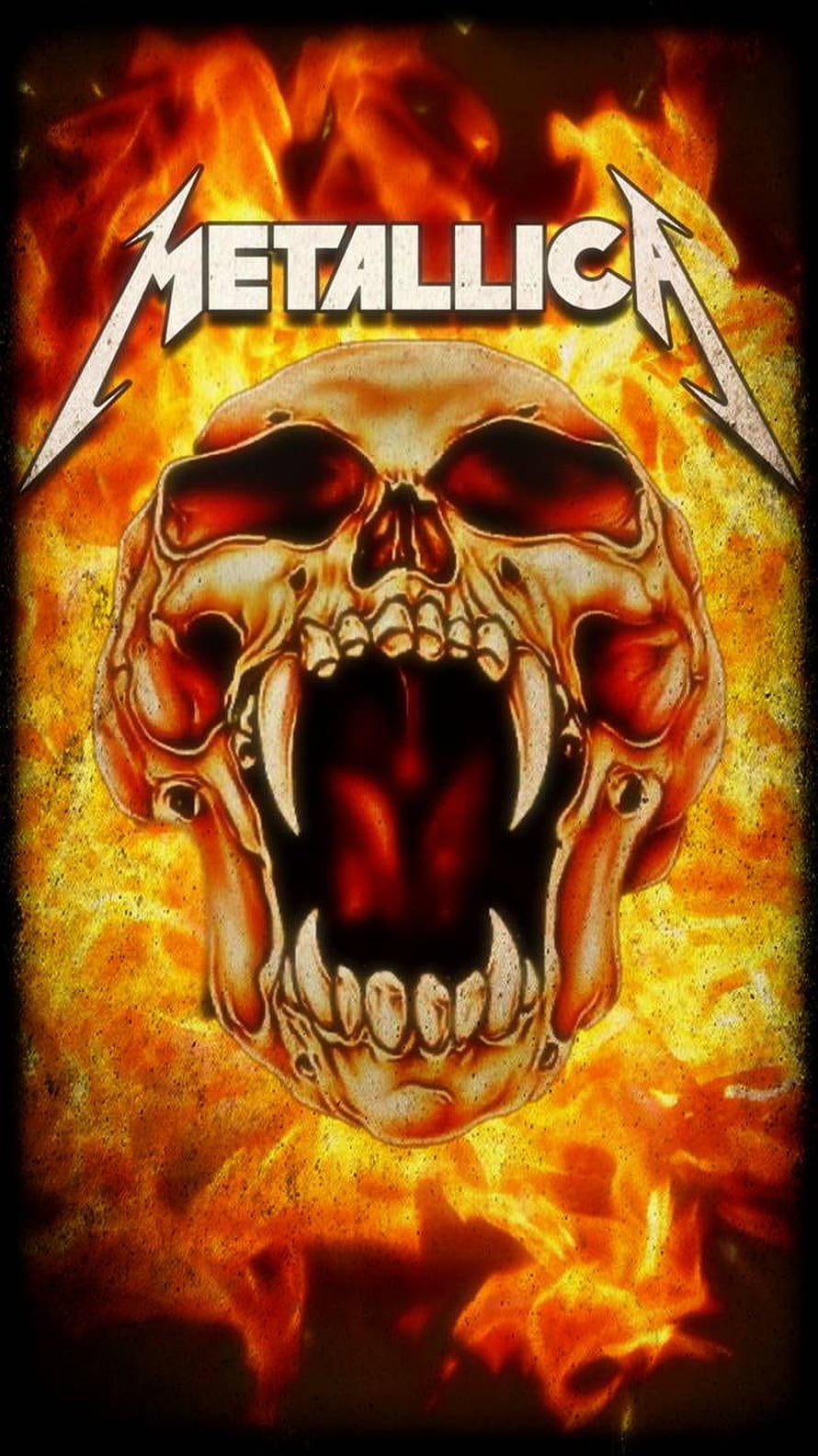 Metallica Band Logo with Screaming Skull and Fiery Flames Background HD phone wallpaper
