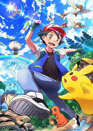 Ash Ketchum and Pikachu Adventure with Starter Pokemon in Vibrant Anime Illustration HD phone wallpaper