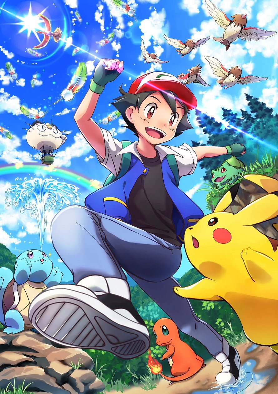 Ash Ketchum and Pikachu Adventure with Starter Pokemon in Vibrant Anime Illustration HD phone wallpaper