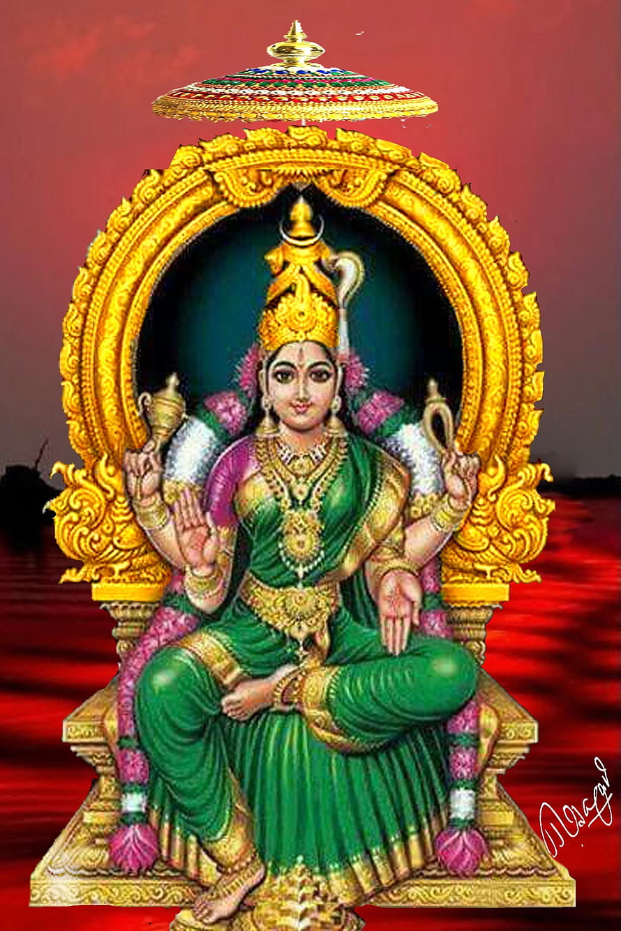 Bhuvaneswari Devi Seated on Golden Throne with Ornate Halo and Traditional Attire HD phone wallpaper