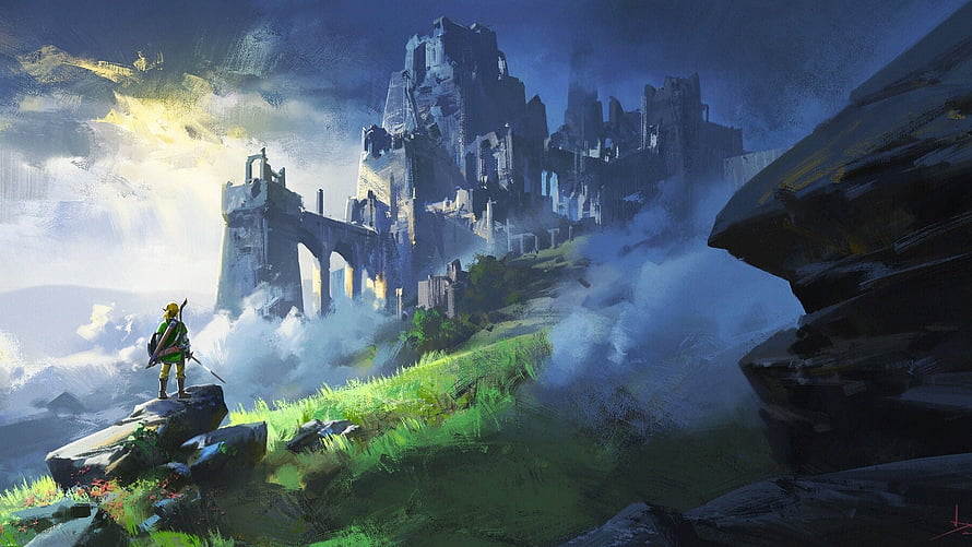 The Legend of Zelda Concept Art: Hero Gazing at Ancient Ruined Castle in Misty Highlands HD wallpaper