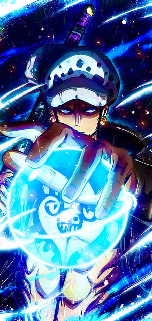 Trafalgar Law One Piece Anime Character with Glowing Blue Energy and Straw Hat HD phone wallpaper