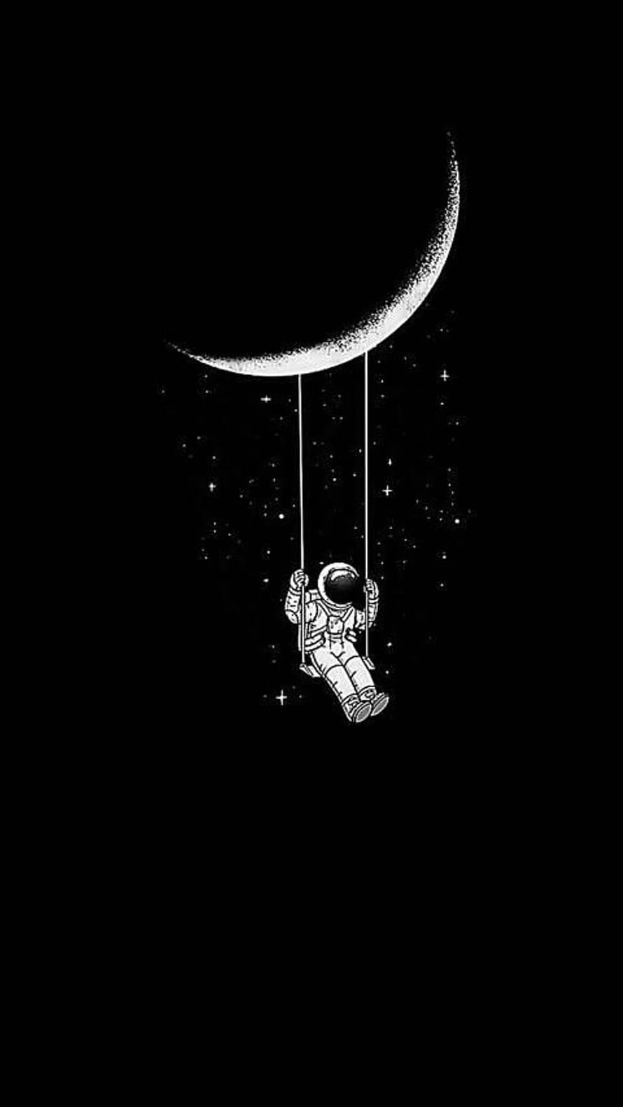 Astronaut on a Swing Hanging from a Crescent Moon in a Starry Night Sky HD phone wallpaper