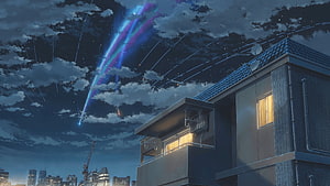 Japanese Residential Building Under a Meteor Shower Night Sky HD wallpaper