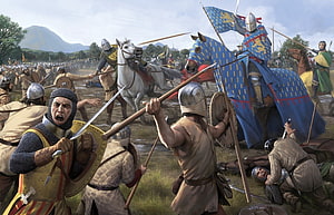 Medieval Battle Scene Featuring Knights and Pikemen in Historical Combat HD wallpaper