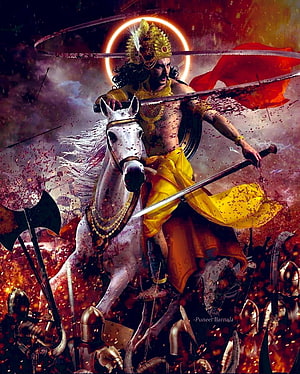 Kalki Avatar on White Horse in Epic Battle Scene with Sword and Golden Crown HD phone wallpaper