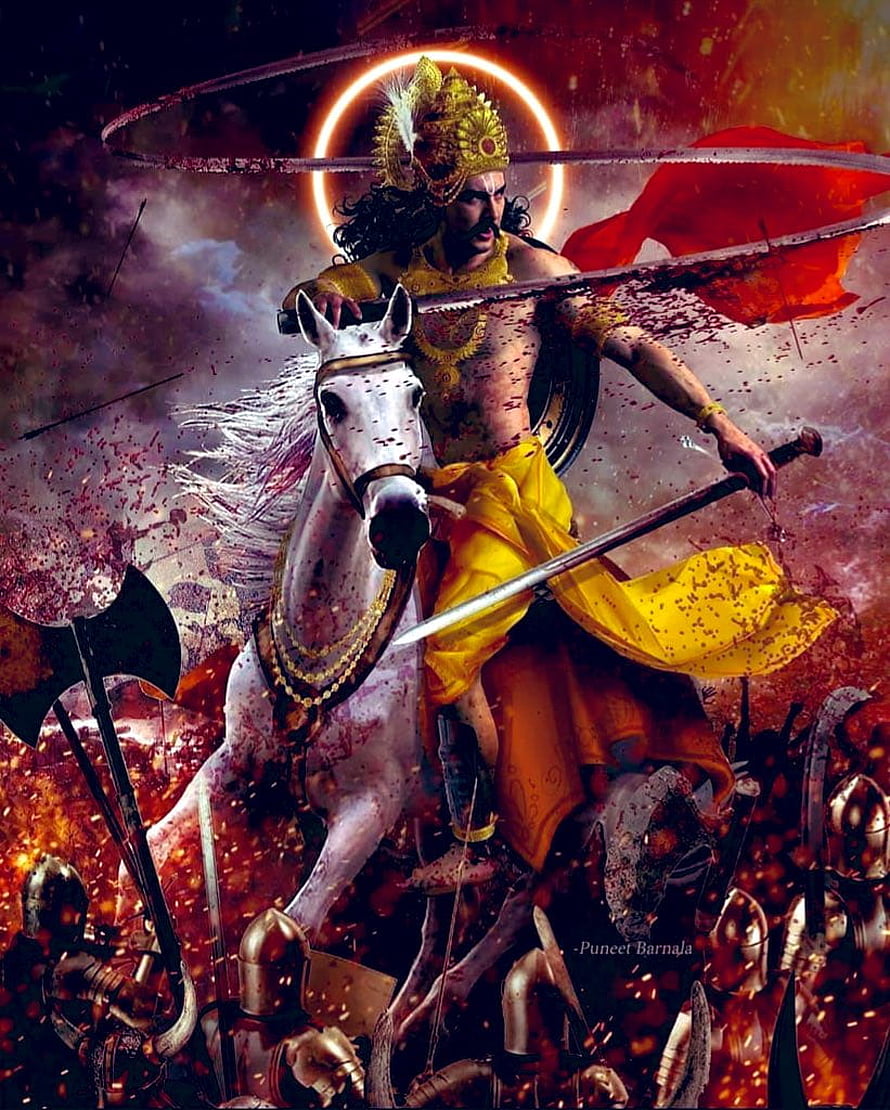 Kalki Avatar on White Horse in Epic Battle Scene with Sword and Golden Crown HD phone wallpaper