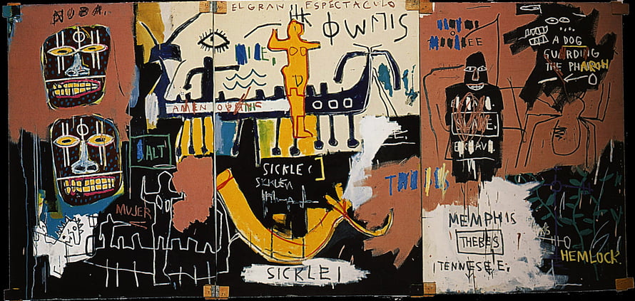 Jean-Michel Basquiat Mixed Media Painting with Hieroglyphic Figures and Text HD wallpaper