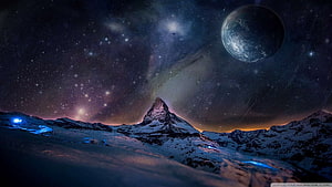 Snow-Capped Mountain Peak Under a Starry Night Sky with a Large Planet and Milky Way HD wallpaper