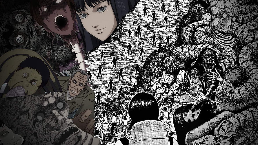 Junji Ito Horror Manga and Anime Character Collage with Dark Monochrome Aesthetic HD wallpaper