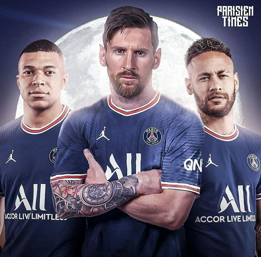 PSG Trio Messi Neymar Mbappe in Paris Saint-Germain Home Kits HD wallpaper