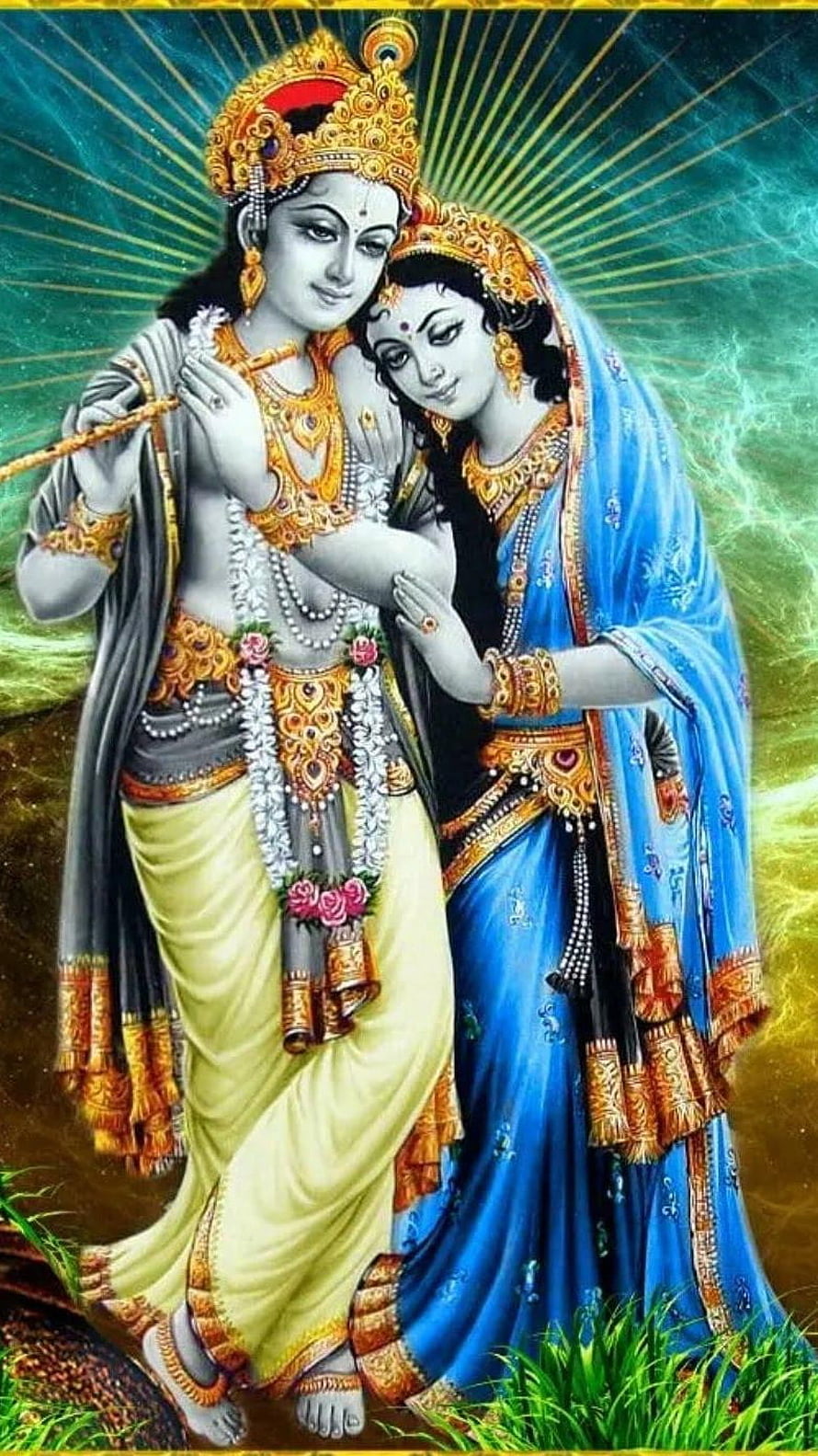 Radha Krishna Divine Couple in Traditional Indian Attire with Radiant Golden Halo HD phone wallpaper