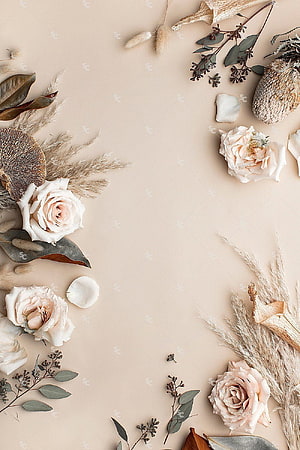 Neutral Dried Floral Arrangement with Pale Roses and Pampas Grass on Beige Background HD phone wallpaper