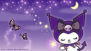 Kuromi Sleeping Under a Starry Night Sky with Butterflies and a Crescent Moon HD wallpaper