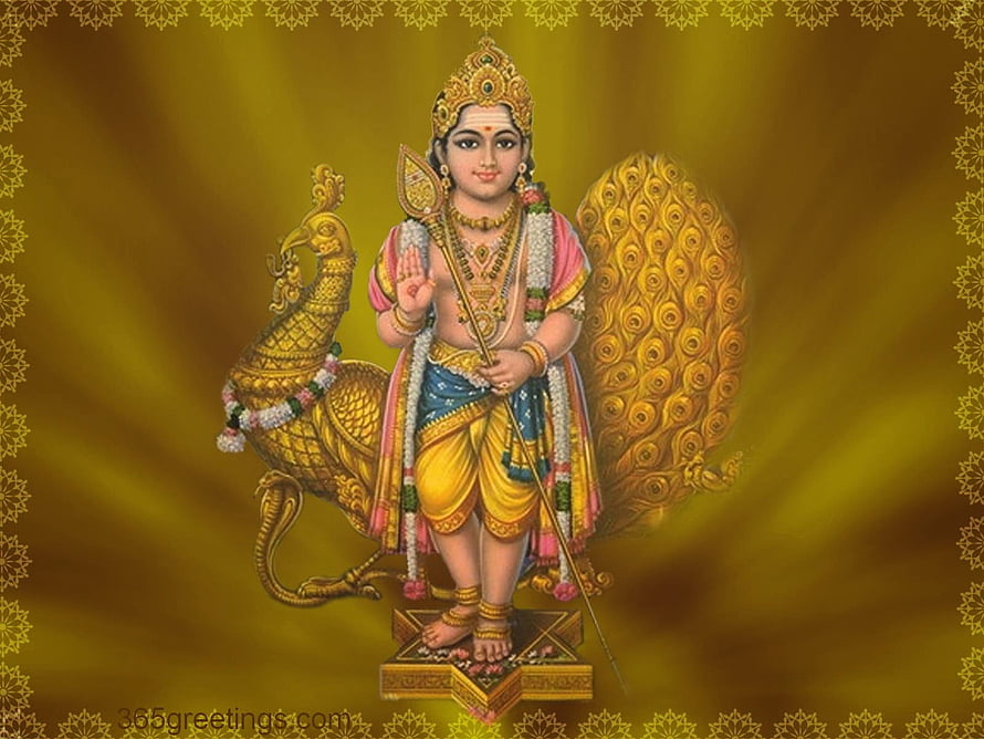 Lord Murugan with Peacock and Vel on Golden Background HD wallpaper