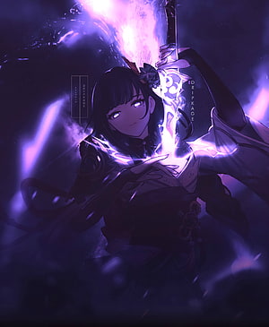 Raiden Shogun Wielding Glowing Sword in Purple Lightning Storm HD phone wallpaper
