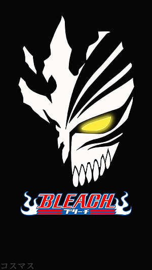 Bleach Ichigo Hollow Mask Minimalist Graphic with Official Logo on Black Background HD phone wallpaper