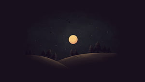 Minimalist Night Landscape with Full Moon and Pine Trees HD wallpaper