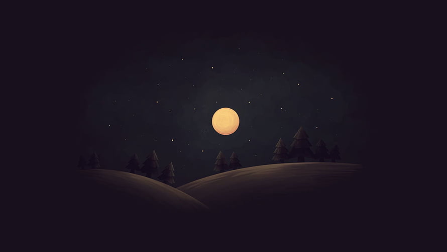 Minimalist Night Landscape with Full Moon and Pine Trees HD wallpaper