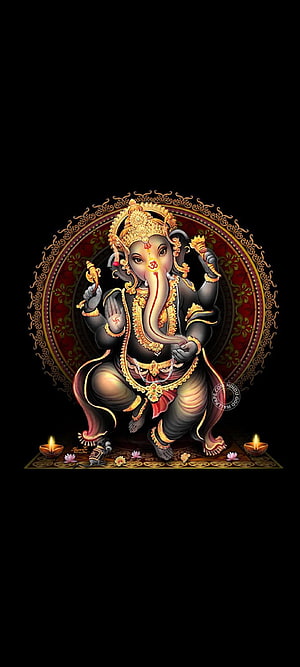 Ganesha Digital Art with Ornate Mandala and Diya Lamps on Black Background HD phone wallpaper