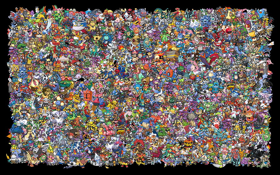 Complete Collection of Every Pokemon Character in a Dense Colorful Mosaic Illustration HD wallpaper