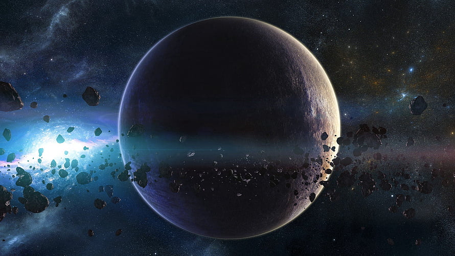 Dark Planet Surrounded by Asteroid Belt in Deep Space Nebula HD wallpaper