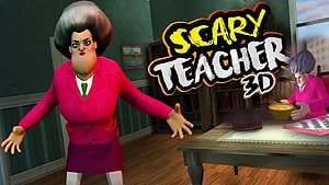 Scary Teacher 3D Game Screenshot Featuring the Main Character in a Classroom Setting HD wallpaper