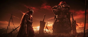 Elden Ring warrior facing a colossal armored figure on a battlefield at sunset HD wallpaper