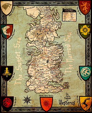 Detailed Fantasy Map of Westeros from Game of Thrones with House Sigils and Geographic Regions HD phone wallpaper