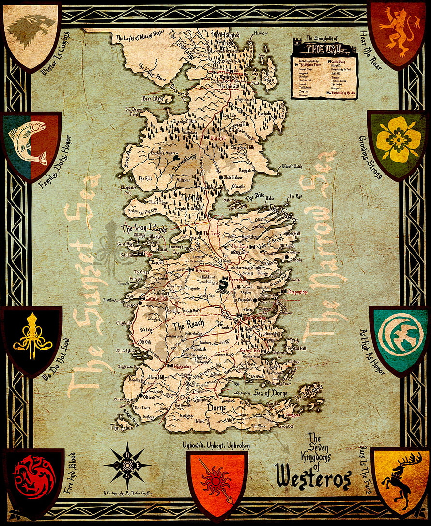 Detailed Fantasy Map of Westeros from Game of Thrones with House Sigils and Geographic Regions HD phone wallpaper